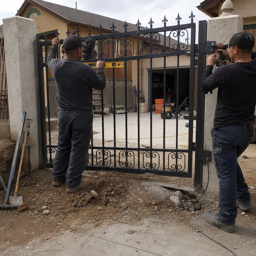 Two professional workers performing black metal gate installation on concrete pillars