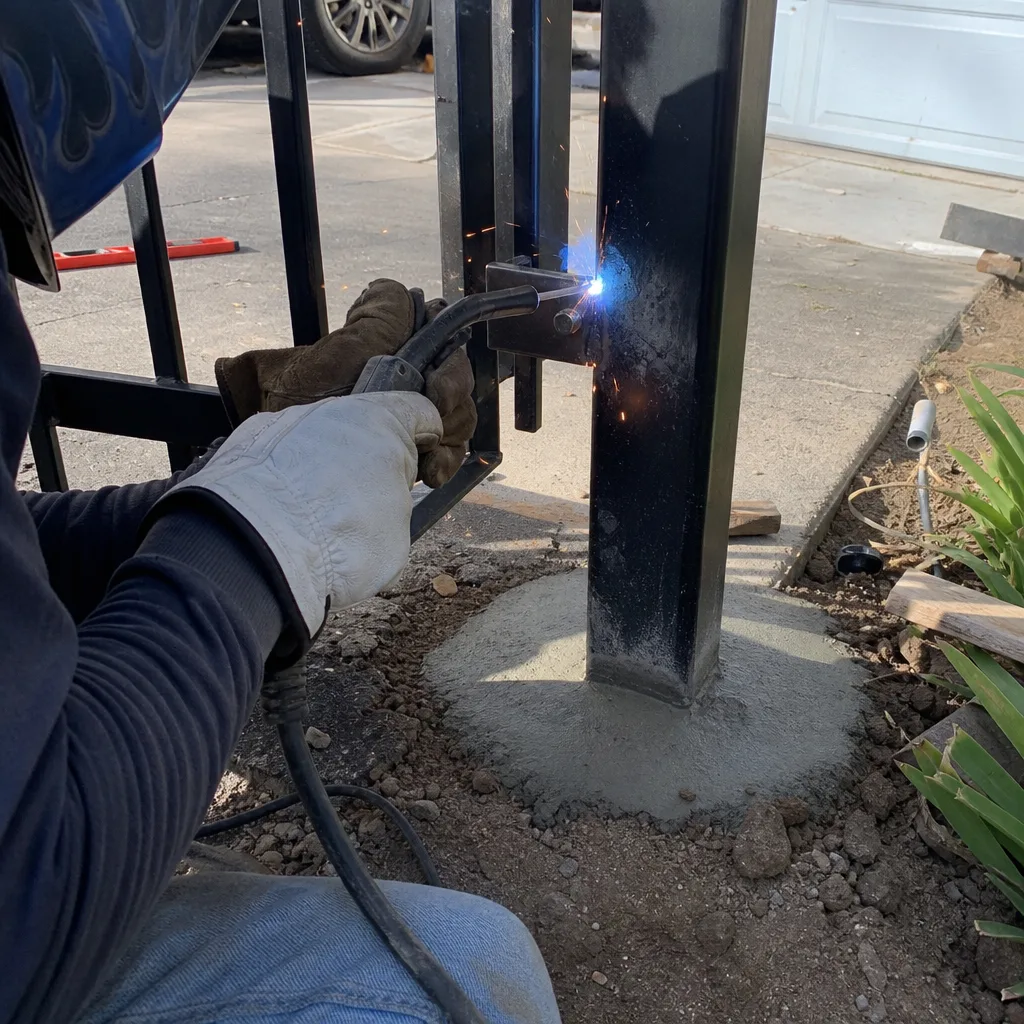 Professional welder performing metal gate repair and installation services