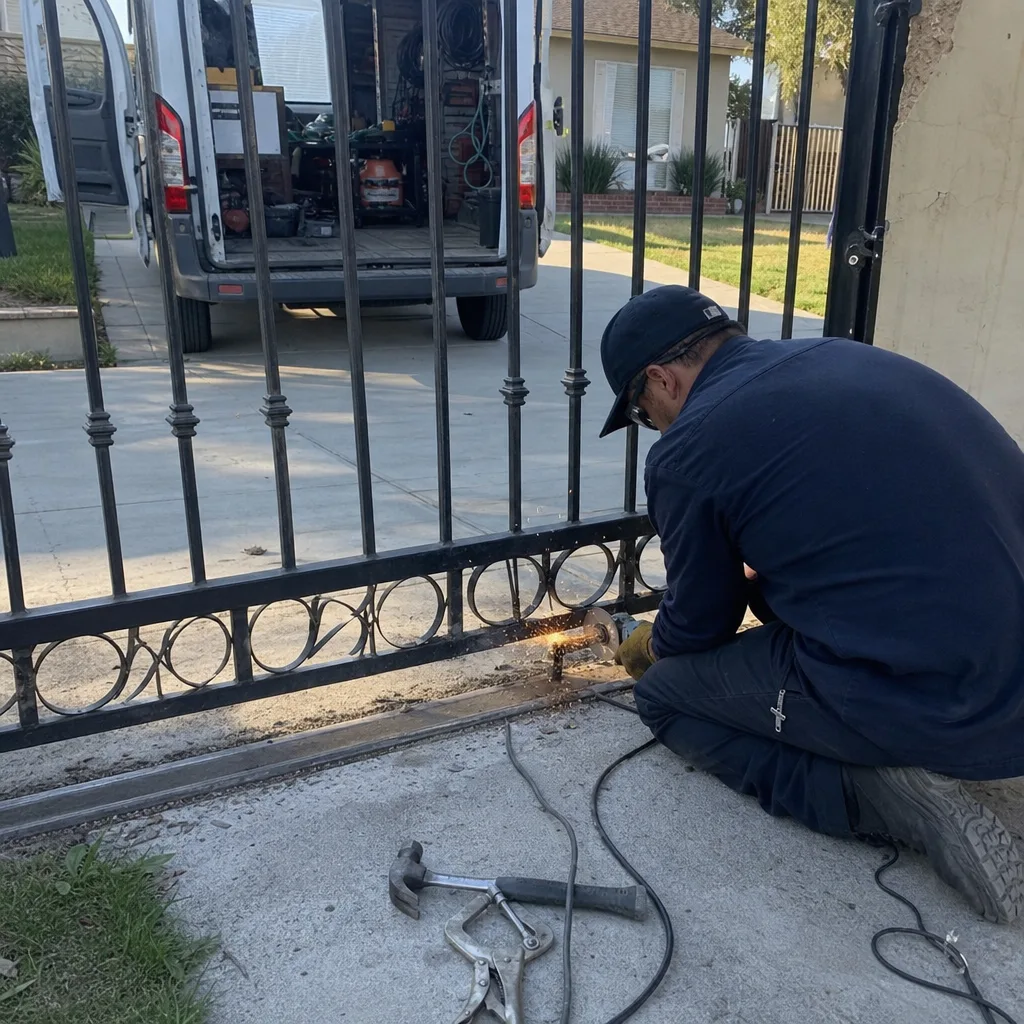Technician using an angle grinder to perform professional metal gate repair